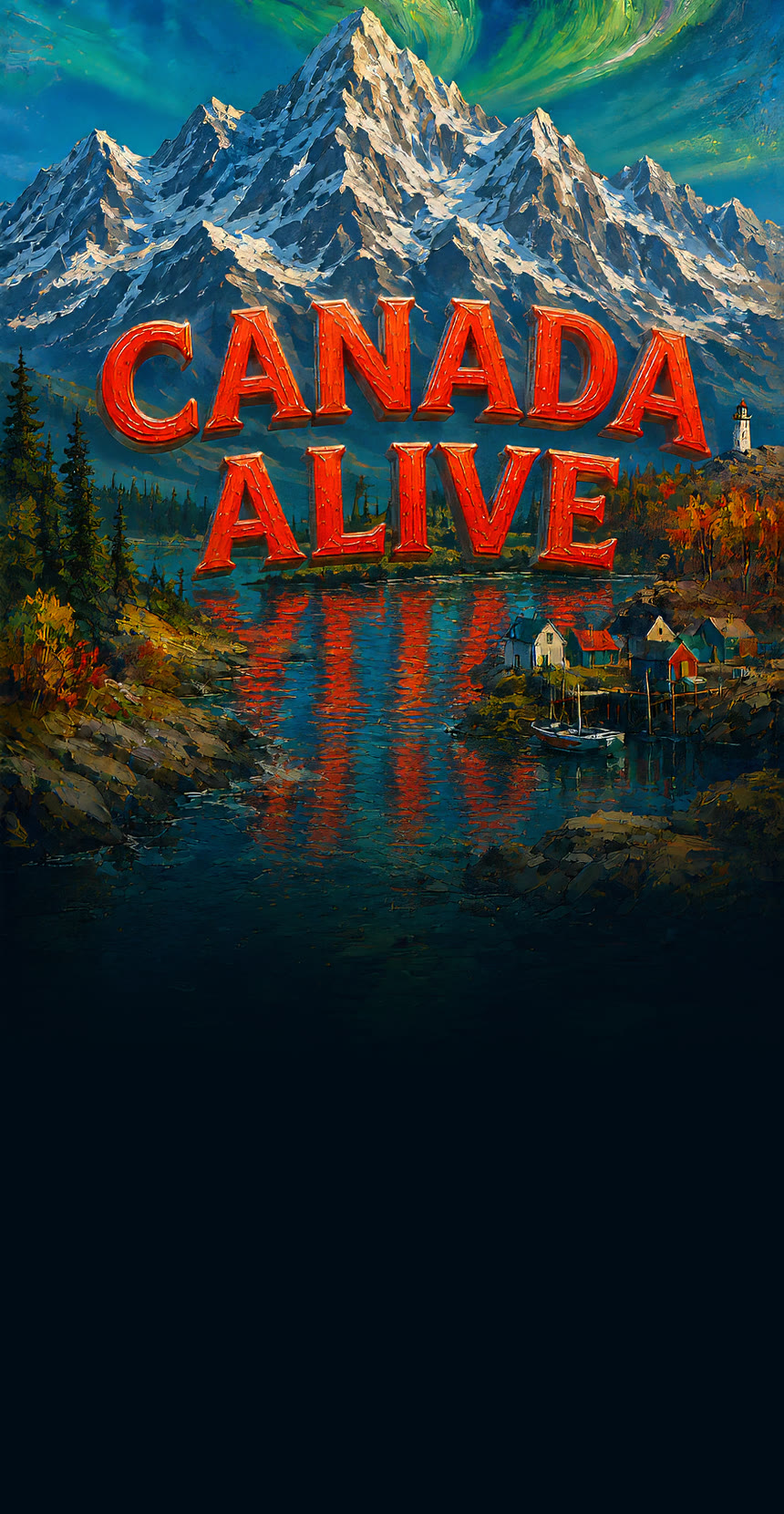 Canada Alive - a painted landscape of mountains, aurora and a harbour village